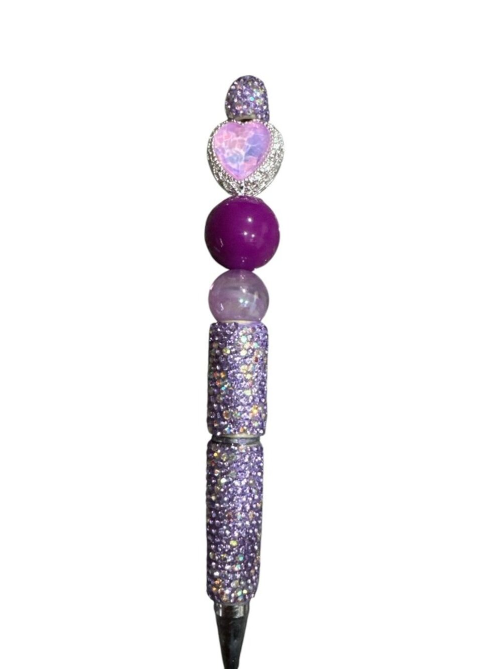 Sparkly Purple Beaded Pen With Heart-Shaped Gemstone Accent Ideal For Writing Jo
